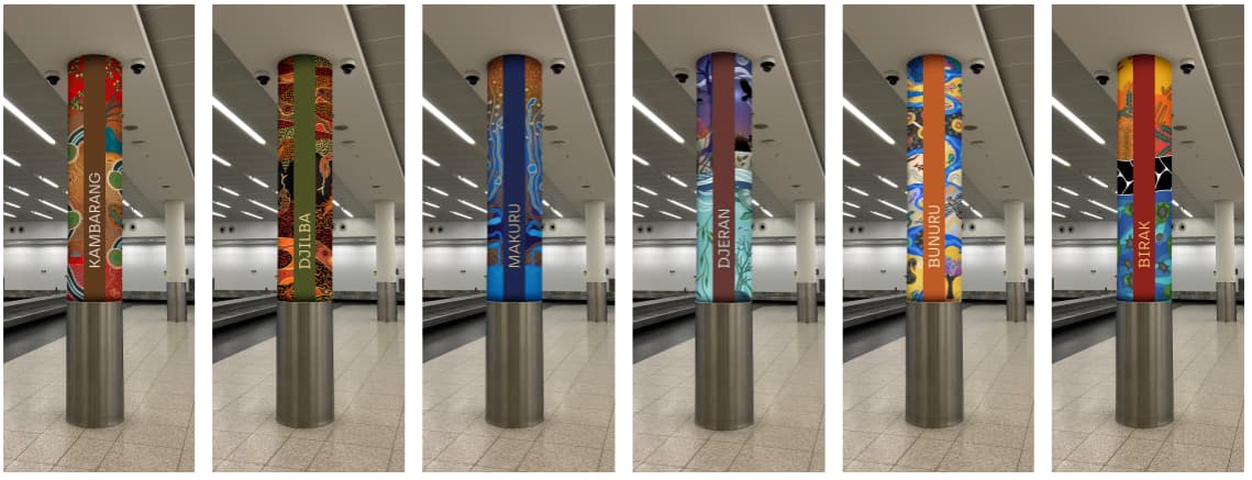 Decorated baggage claim pillar wrapped in Indigenous-style artwork with the word “KAMBARANG,” inside an airport arrivals hall with luggage carousels. Image 2 – DJILBA