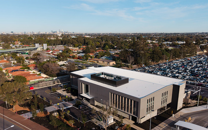 Aerial view of new office building at Skyfields by Perth Airport office precinct