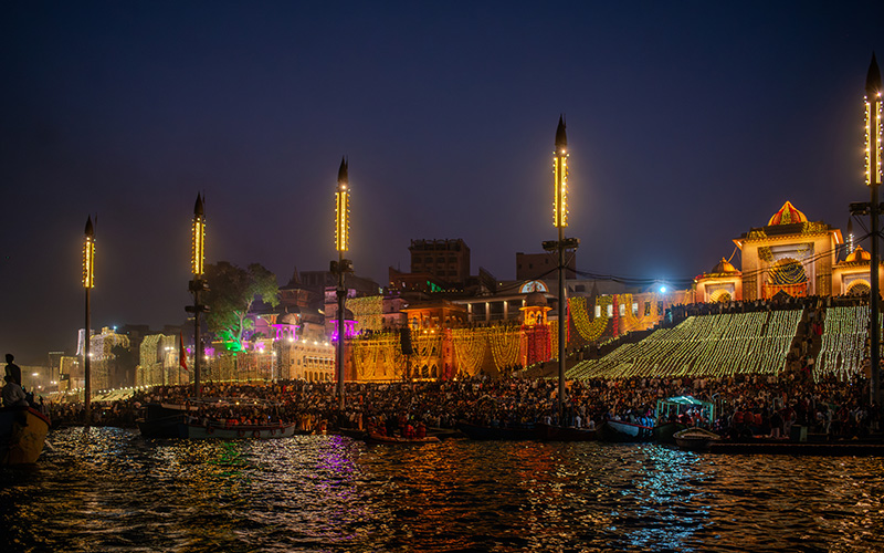 Crowd gathered by river for Diwali festival in Uttar Pradesh