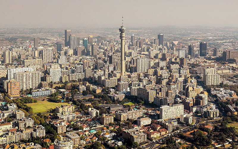 Aerial view of Johannesburg’s modern and bustling CBD, South Africa.