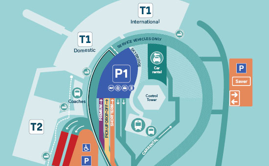 Map of P1 parking showing T1 and T2